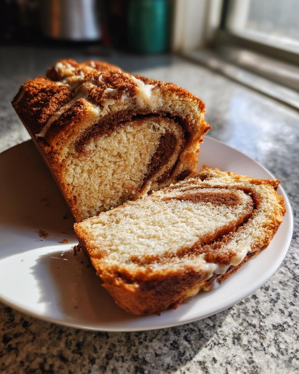 A close-up of a loaf of Cinnamon Swirl Eggnog Bread, partially sliced, showing the rich cinnamon swirl and white glaze.