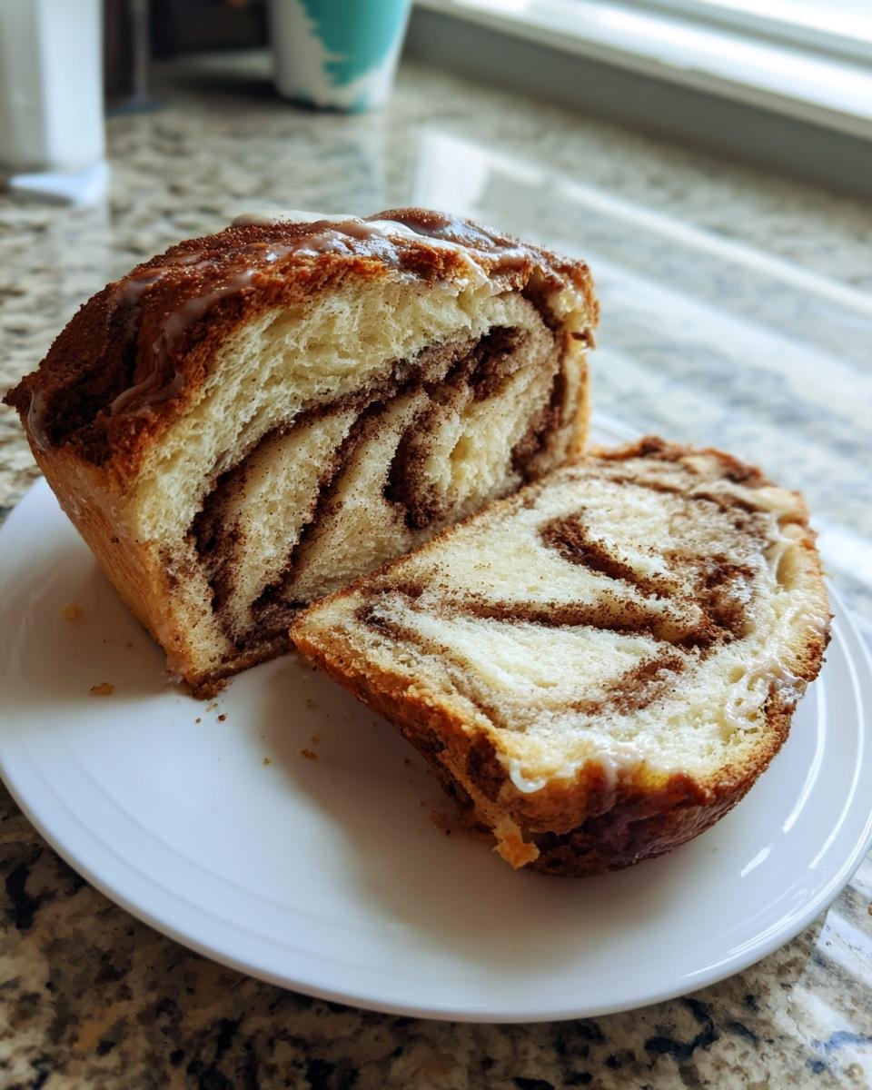 A loaf of Cinnamon Swirl Eggnog Bread, sliced to show the rich cinnamon filling and topped with a light glaze.