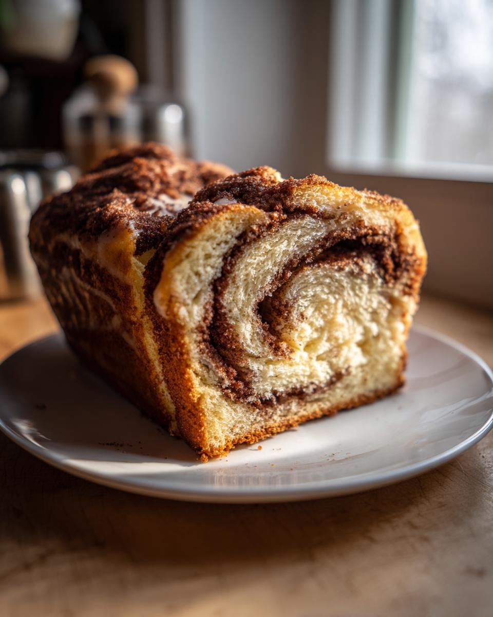 A slice of rich Cinnamon Swirl Eggnog Bread showing beautiful interior swirls on a white plate.
