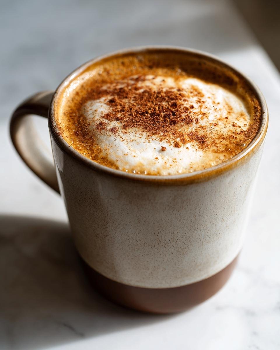 A close-up of a freshly made Cinnamon Toast Latte topped with foam and sprinkled cinnamon in a rustic ceramic mug.