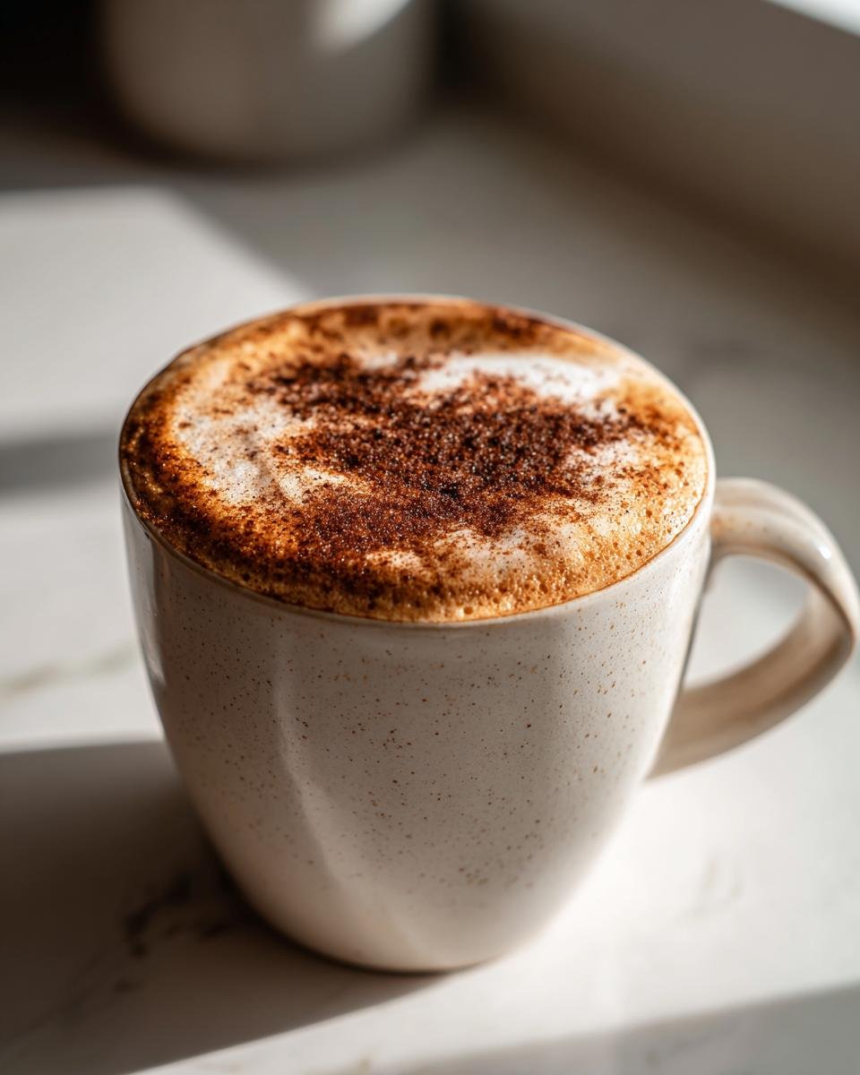 A close-up of a Cinnamon Toast Latte in a speckled mug, topped with thick foam and a dusting of cinnamon.