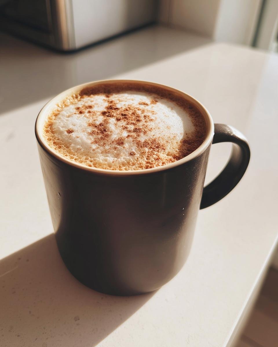 A dark mug filled with a Cinnamon Toast Latte, topped with thick foam and sprinkled cinnamon.