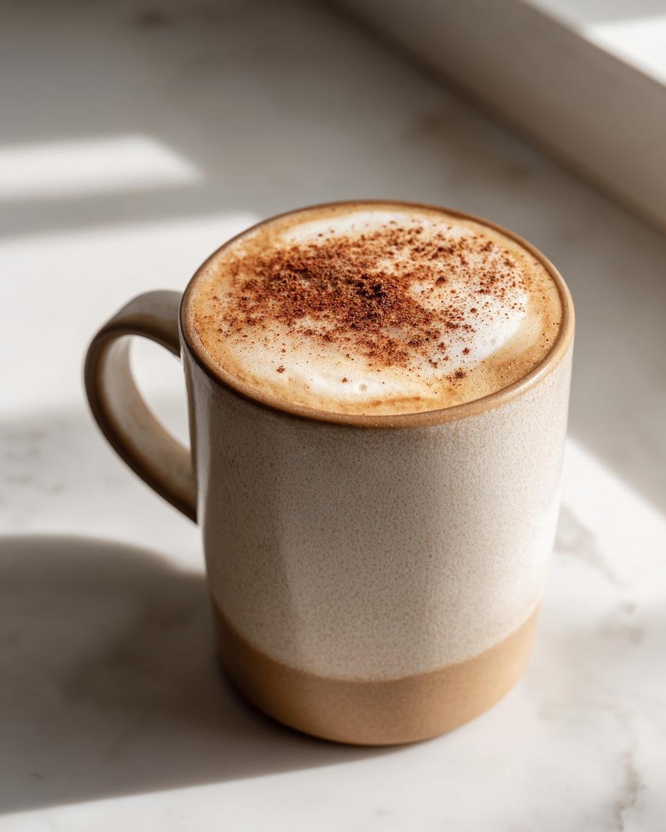 Close-up of a finished Cinnamon Toast Latte topped with foam and sprinkled cinnamon in a beige mug.