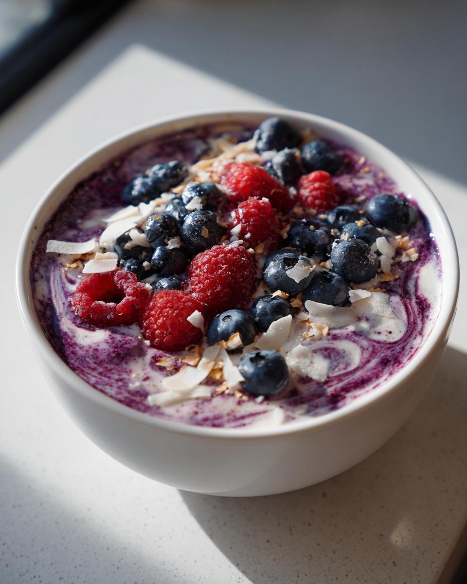 Close-up of a vibrant Coconut Berry Smoothie Bowl topped with fresh blueberries, raspberries, and coconut flakes.