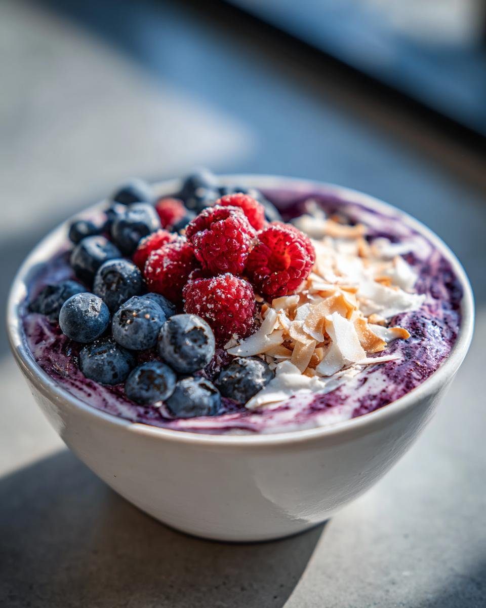 Close-up of a vibrant Coconut Berry Smoothie Bowl topped with fresh blueberries, raspberries, and toasted coconut flakes.