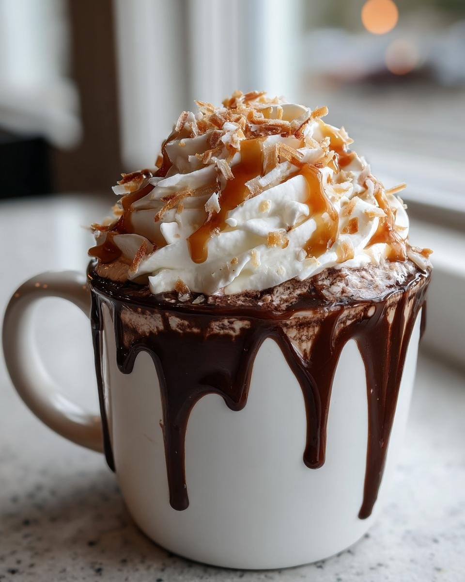 A mug overflowing with rich Coconut Caramel Hot Chocolate, topped with whipped cream, caramel drizzle, and toasted coconut flakes.
