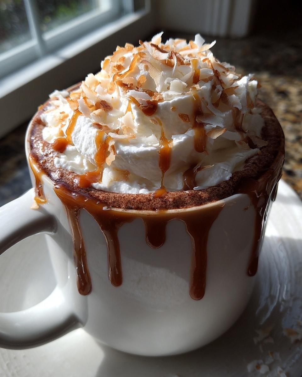 Close-up of rich Coconut Caramel Hot Chocolate topped with whipped cream, caramel drizzle, and toasted coconut flakes.