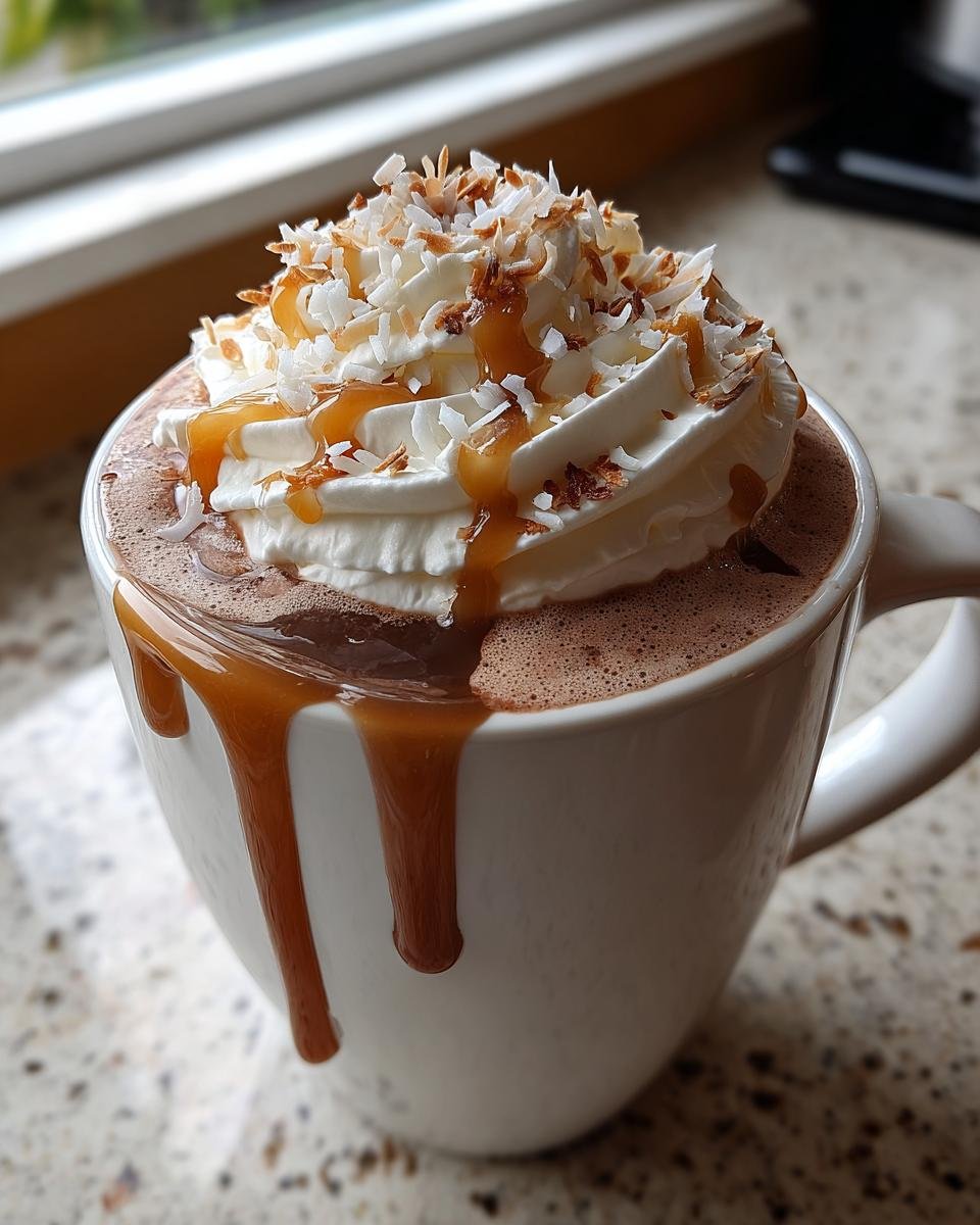 A close-up of a mug of Coconut Caramel Hot Chocolate topped with whipped cream, caramel drizzle, and toasted coconut flakes.