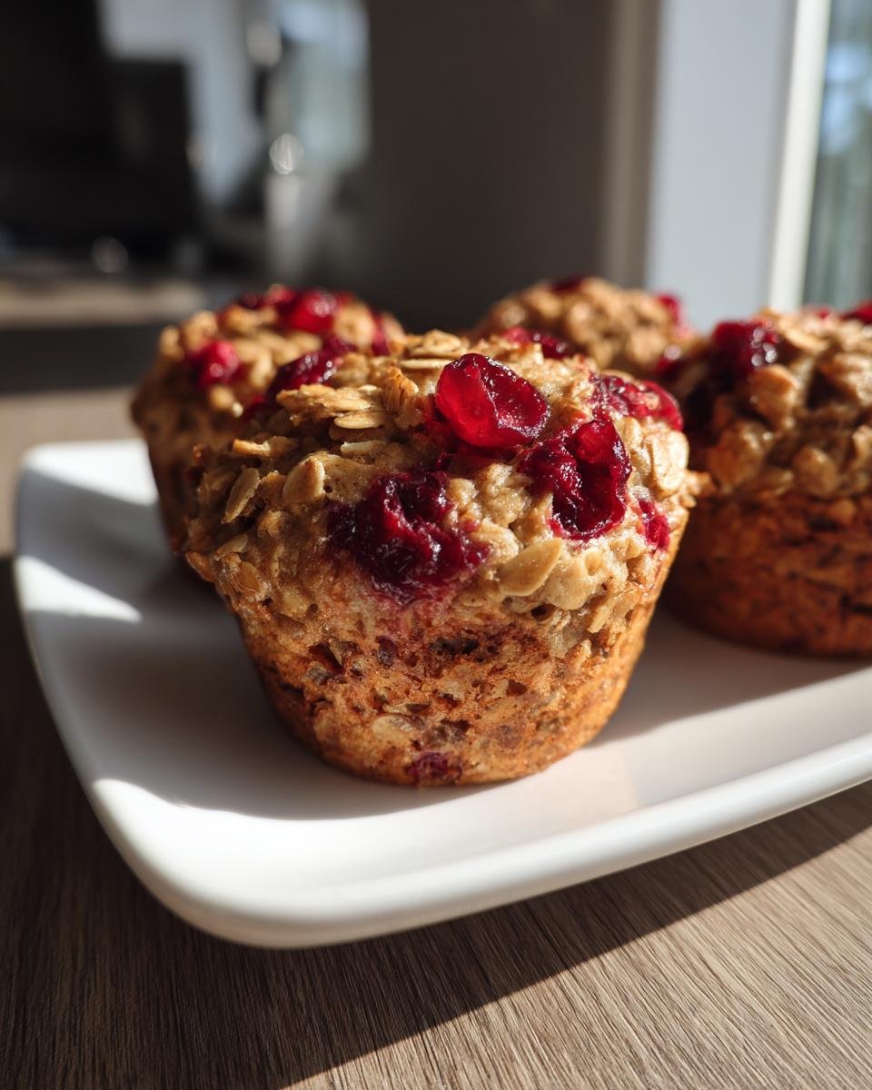 Four freshly baked Cranberry Apple Oat Muffins topped with bright red cranberries, sitting on a white plate.