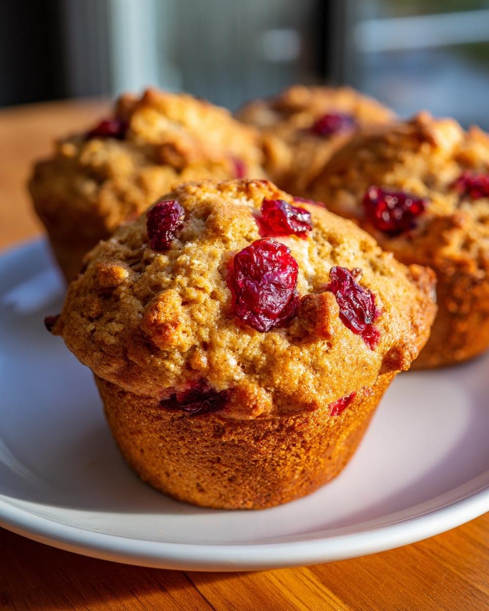 Close-up of a freshly baked Cranberry Apple Oat Muffin topped with bright red cranberries.