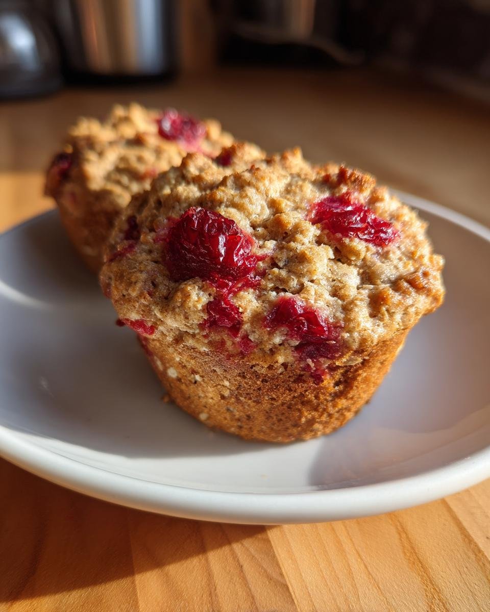 Two freshly baked Cranberry Apple Oat Muffins with vibrant red cranberries visible on the textured, oat-filled tops, resting on a white plate.