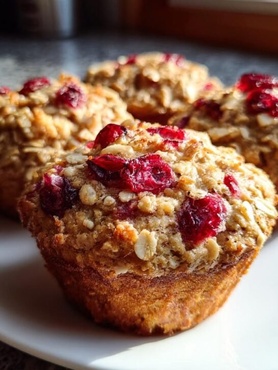 Four freshly baked Cranberry Apple Oat Muffins topped with oats and dried cranberries on a white plate.