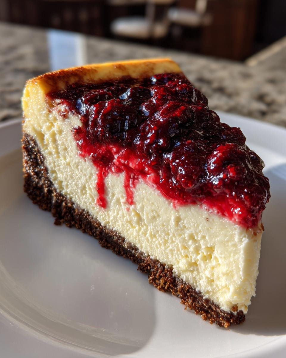 A perfect slice of rich cheesecake topped with dark cranberry sauce, resting on a dark Gingersnap Crust.