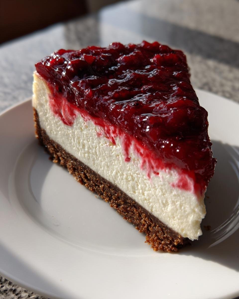 A perfect slice of cheesecake featuring a dark gingersnap crust, creamy white filling, and topped with rich cranberry sauce.