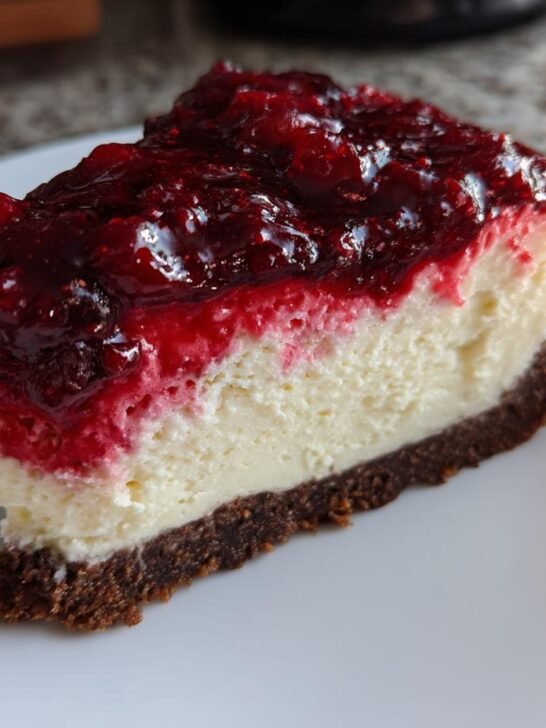 A perfect slice of cheesecake featuring a dark, rich Cranberry Cheesecake Gingersnap Crust base and a thick berry topping.