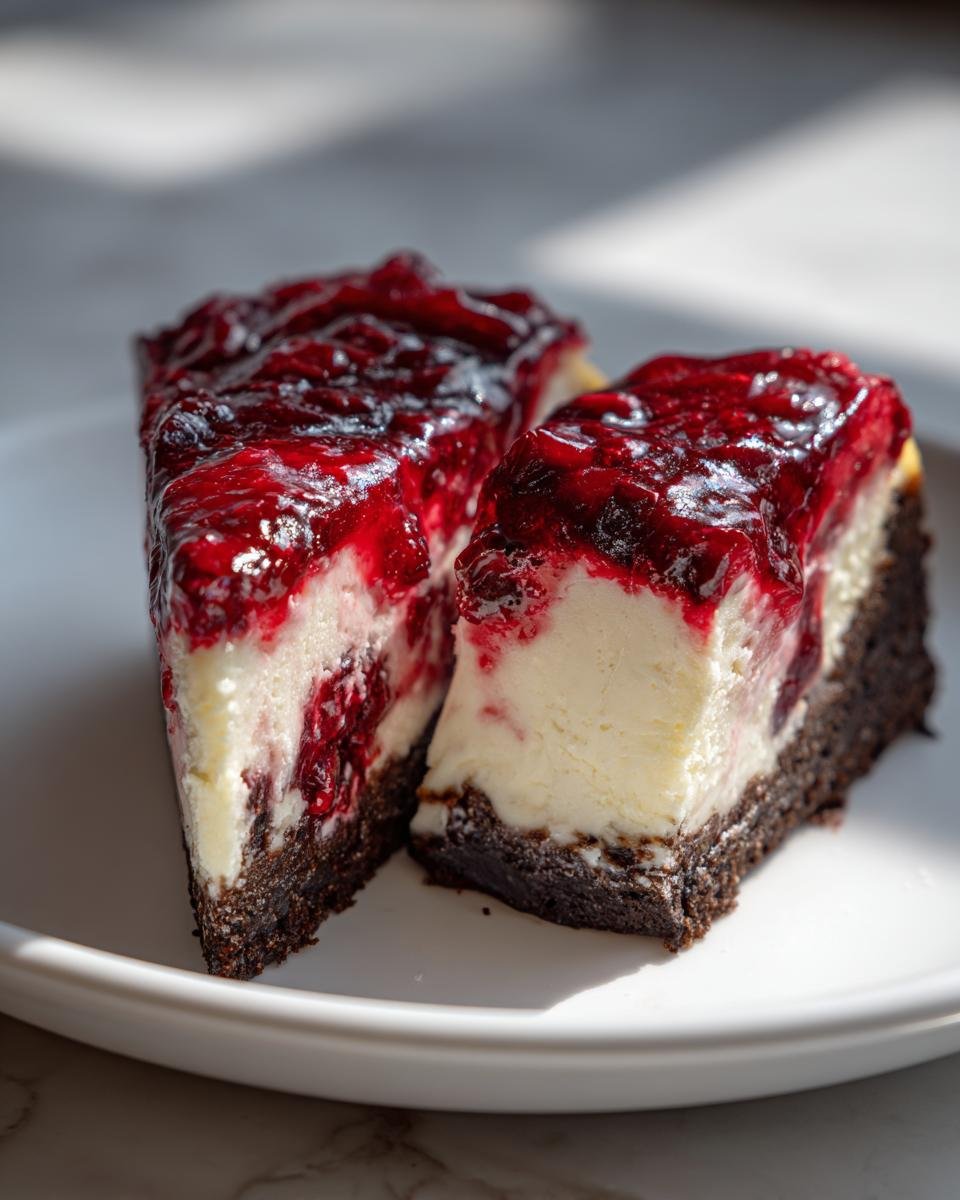 Two slices of rich cheesecake featuring a dark gingersnap crust and topped with glossy cranberry sauce.