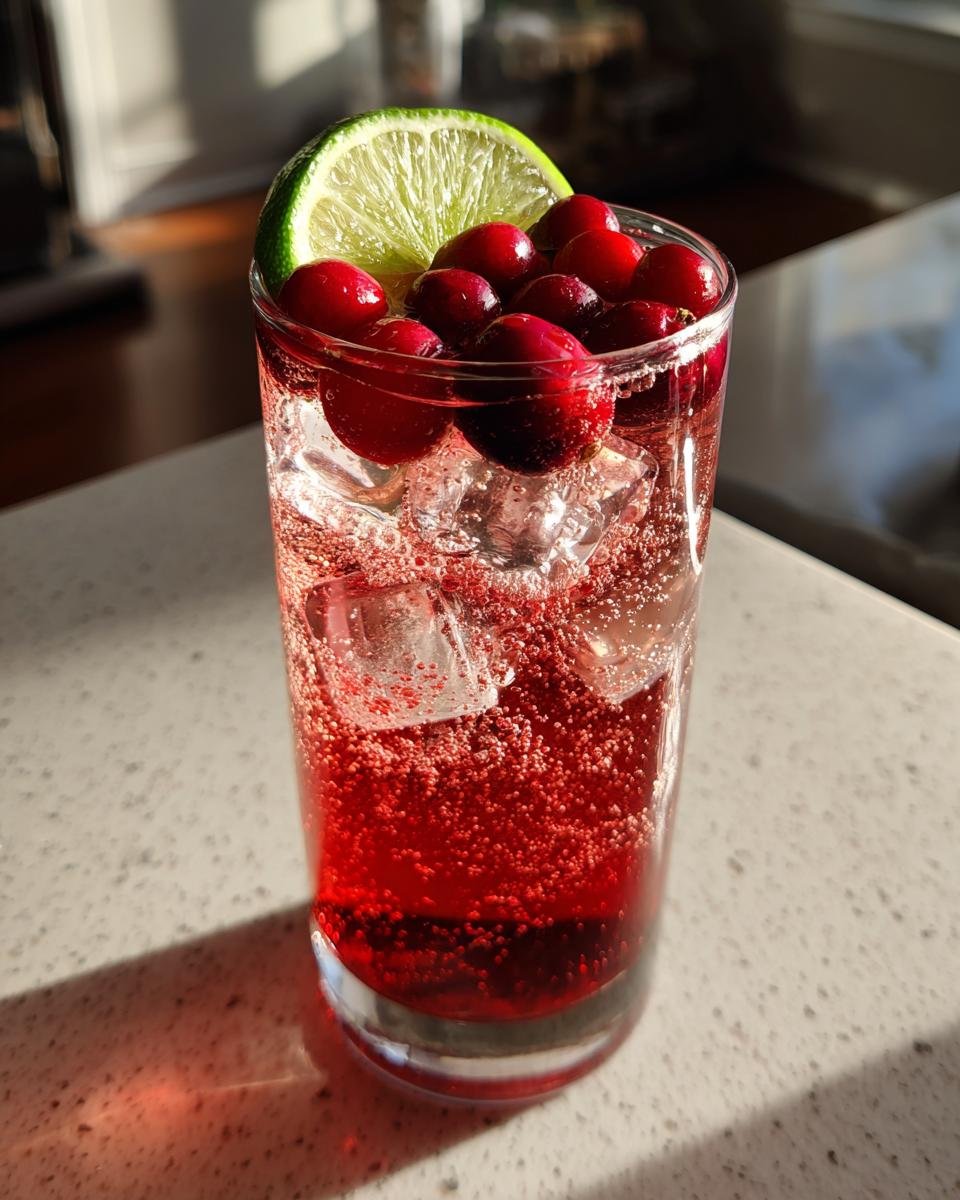 A tall glass filled with a bubbly, deep red Cranberry Maple Bourbon Mocktail, ice cubes, fresh cranberries, and a lime wedge.