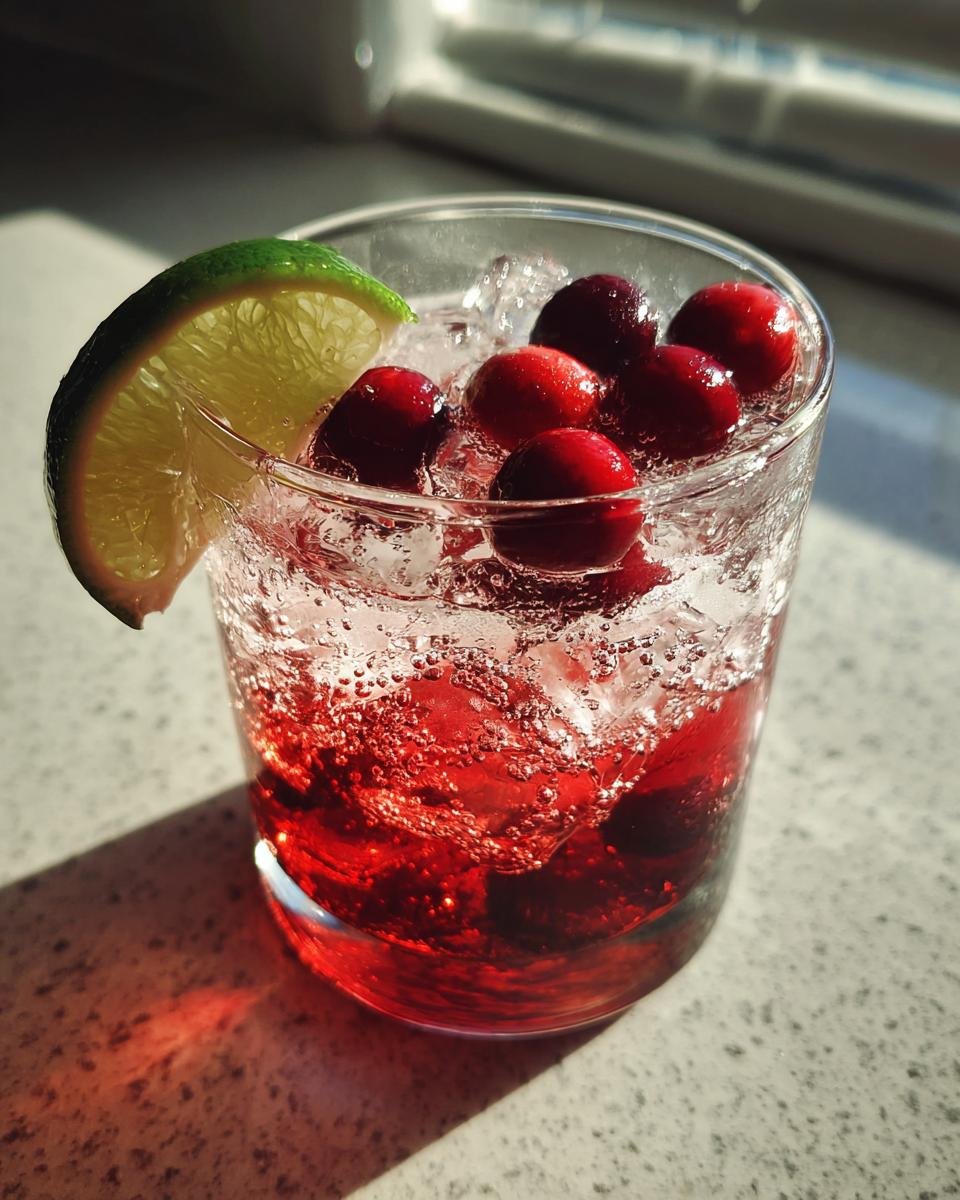 Close-up of a fizzy Cranberry Maple Bourbon Mocktail garnished with fresh cranberries and a lime wedge.