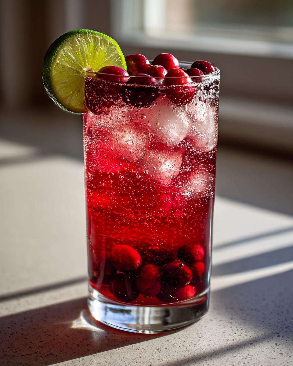 A tall glass filled with a vibrant red Cranberry Maple Bourbon Mocktail, ice, fresh cranberries, and a lime wheel garnish.
