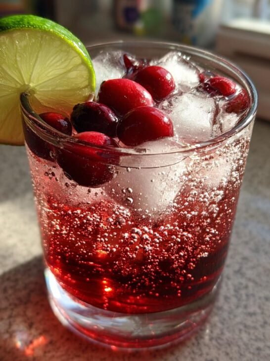 A close-up of a bubbly Cranberry Maple Bourbon Mocktail garnished with fresh cranberries and a lime wheel.