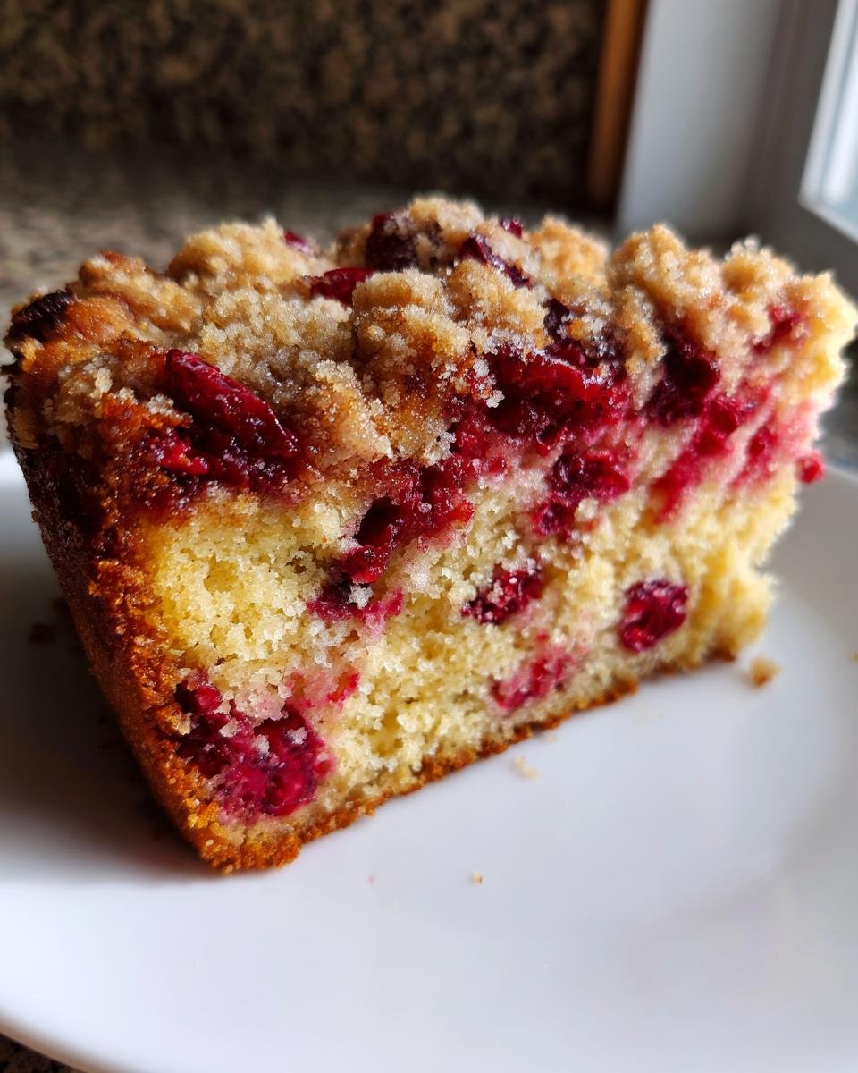 Close-up of a slice of Cranberry Maple Coffee Cake showing moist cake, bright red cranberries, and a crumbly streusel topping.