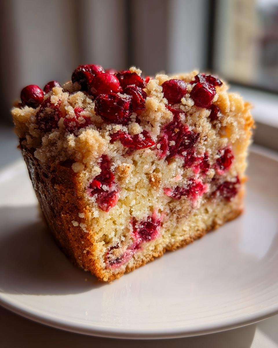 Close-up of a slice of Cranberry Maple Coffee Cake featuring bright red cranberries and a crumbly streusel topping.