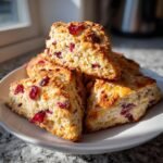 A stack of freshly baked Cranberry Orange Breakfast Scones with visible dried cranberries on a white plate.