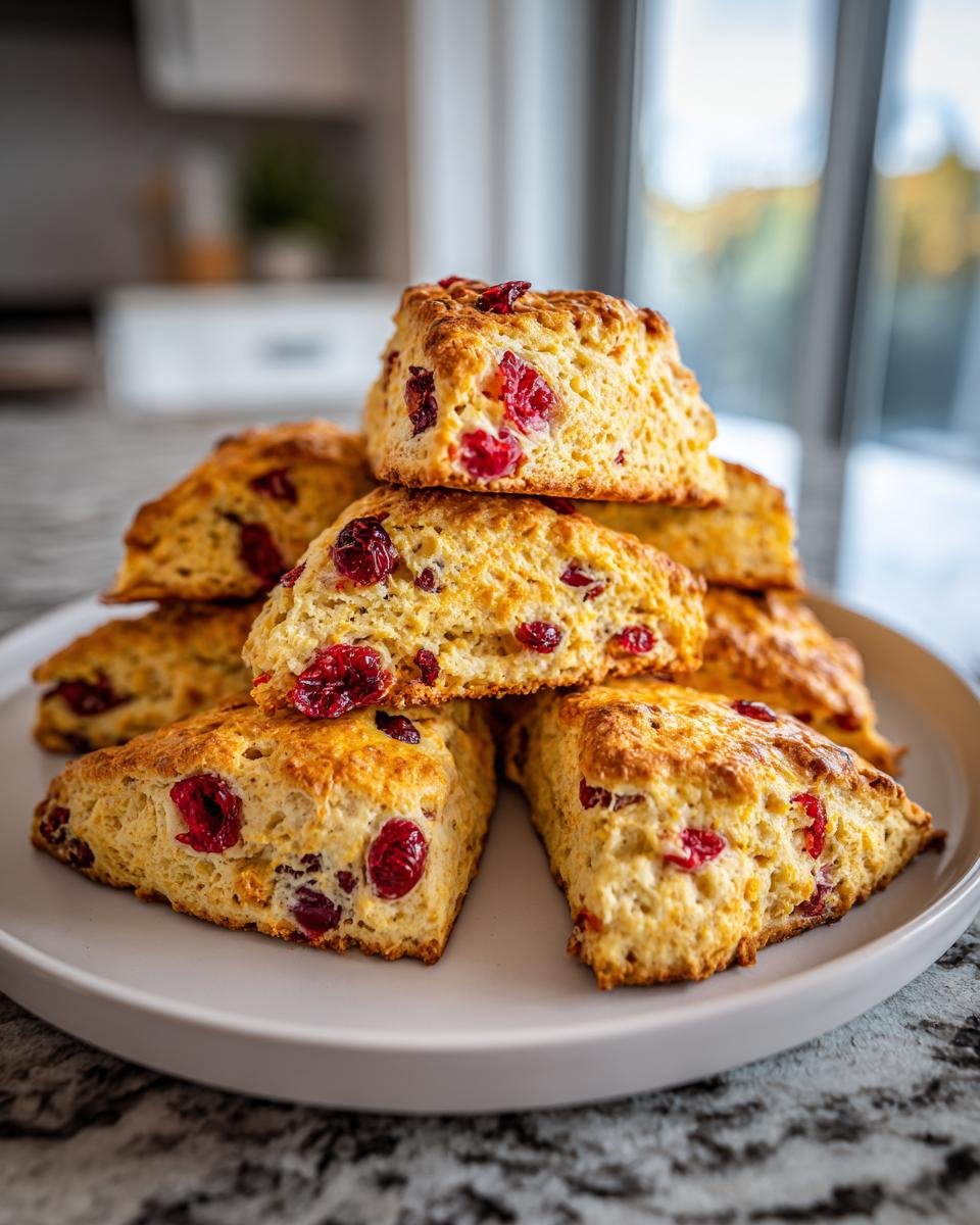 A stack of golden-brown Cranberry Orange Breakfast Scones piled high on a white plate.