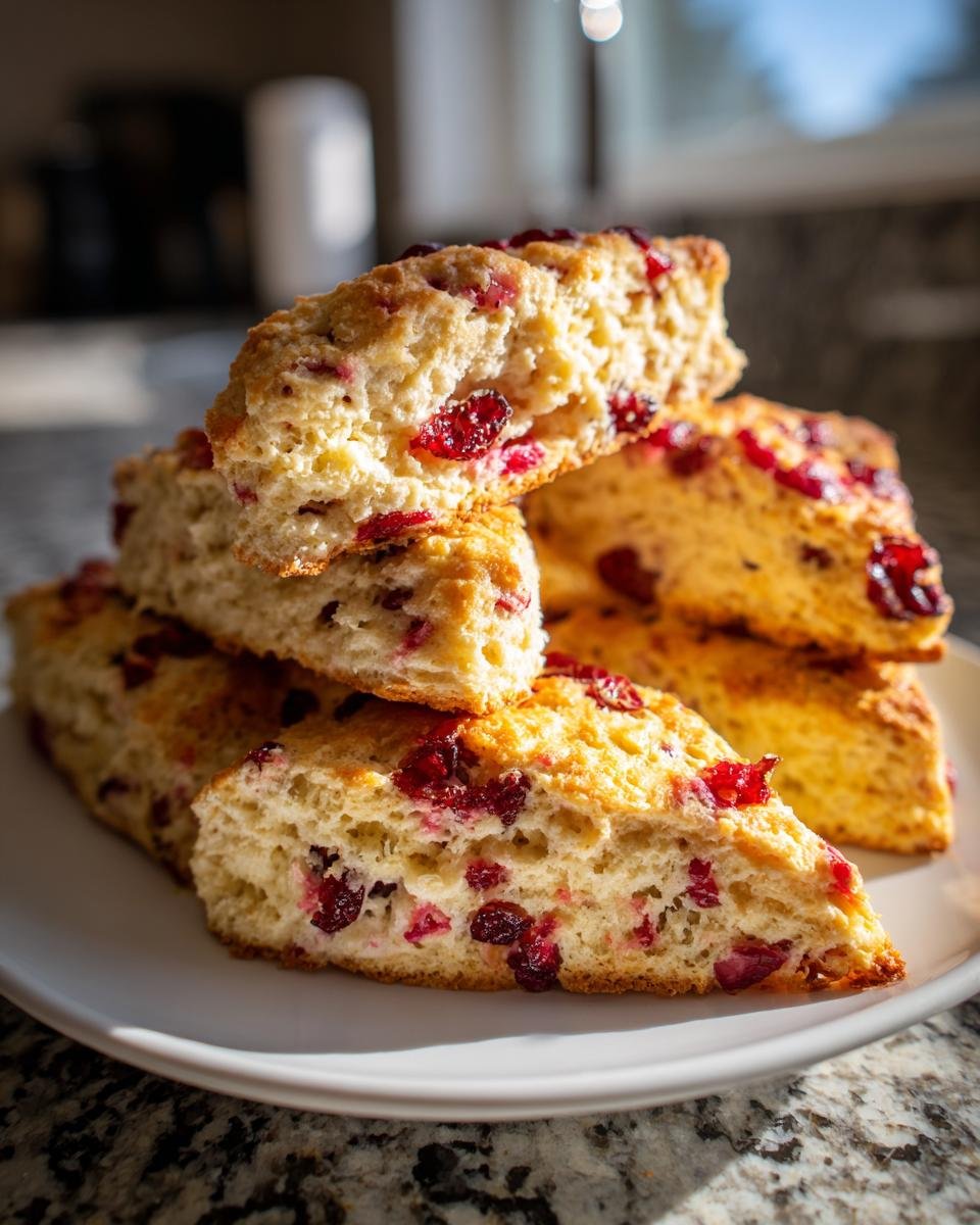 Close-up of stacked, golden-brown Cranberry Orange Breakfast Scones showing visible dried cranberries inside.