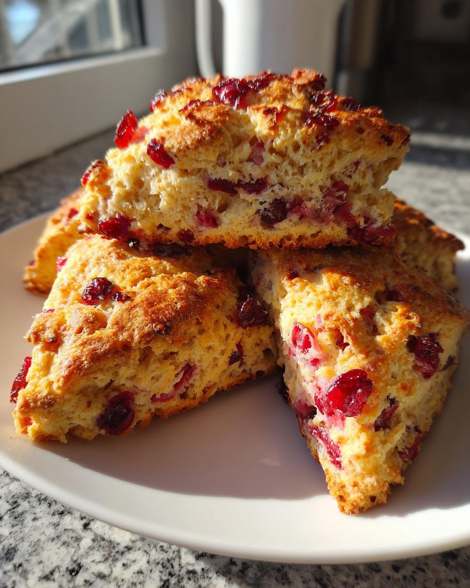 A stack of freshly baked Cranberry Orange Breakfast Scones, showing a golden crust and bright red cranberries inside.