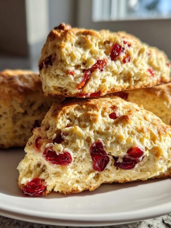 Close-up of several fluffy Cranberry Orange Breakfast Scones stacked on a white plate, showing visible dried cranberries.