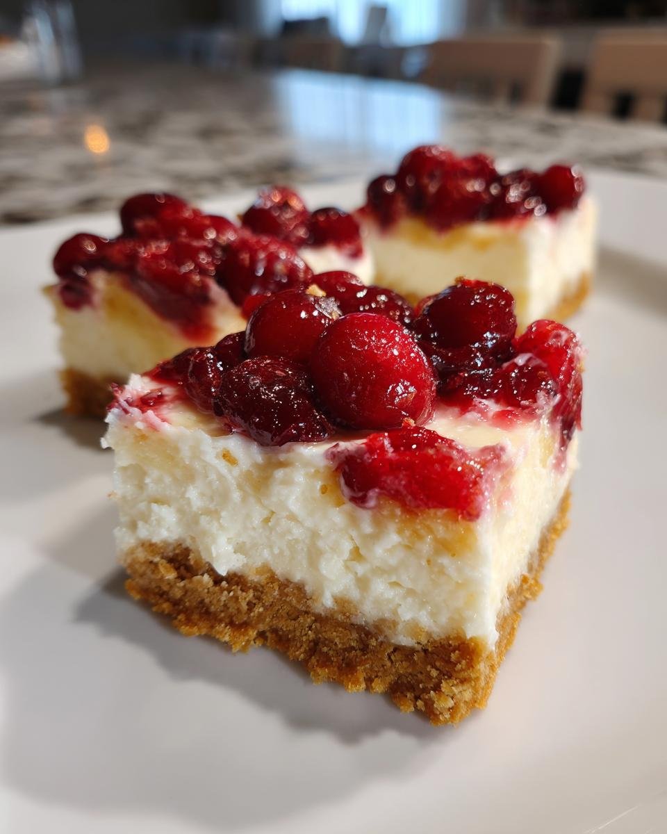 Three squares of rich Cranberry Orange Cheesecake Bars with a thick graham cracker crust and bright red cranberry topping.