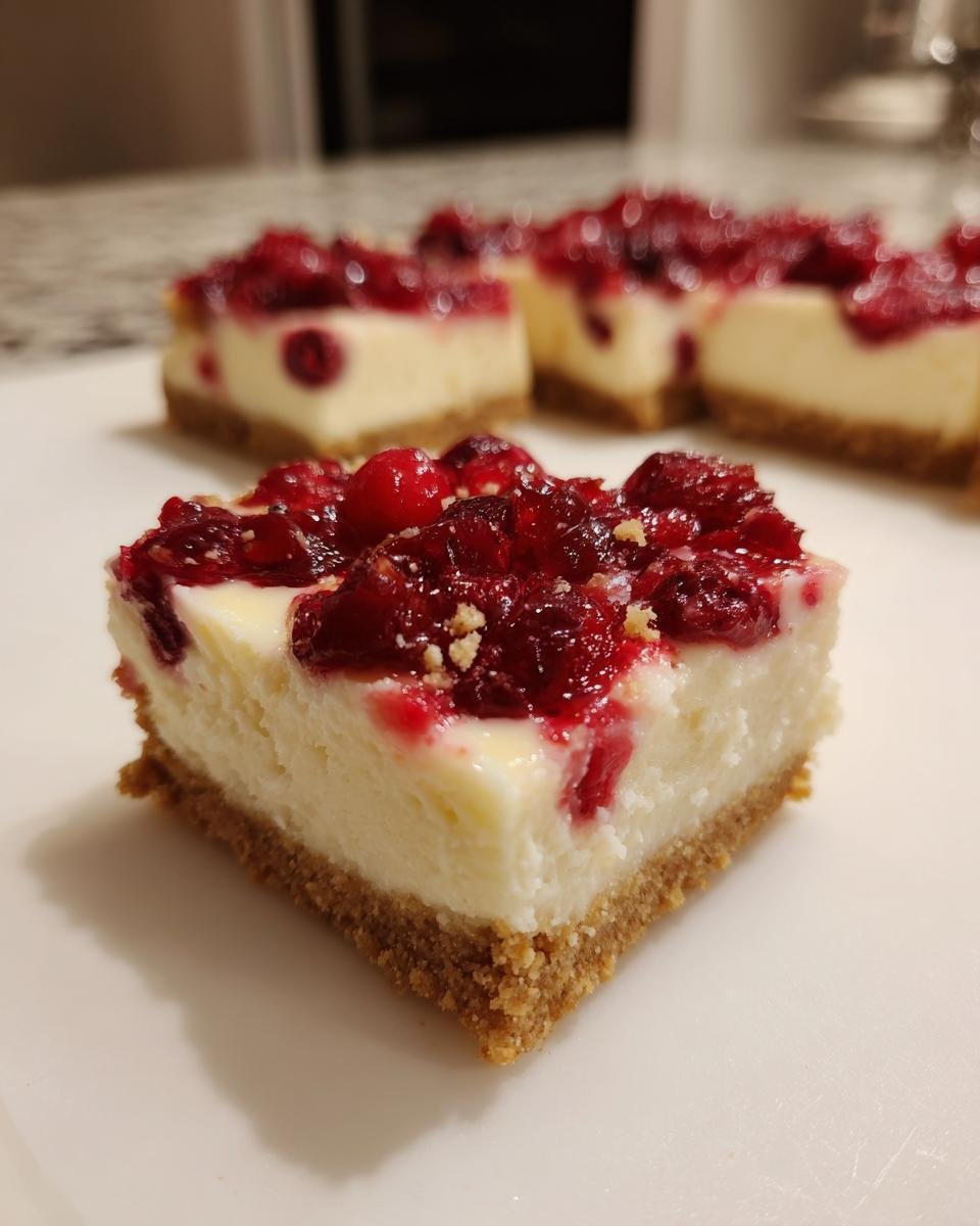 A square slice of Cranberry Orange Cheesecake Bars with a graham cracker crust and bright red cranberry topping.