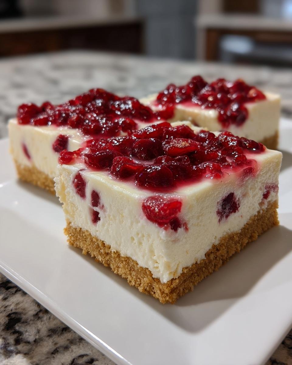 Three squares of creamy Cranberry Orange Cheesecake Bars with a graham cracker crust and bright red cranberry topping.