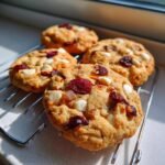 Four freshly baked Cranberry Orange White Chocolate Cookies cooling on a wire rack near a window.