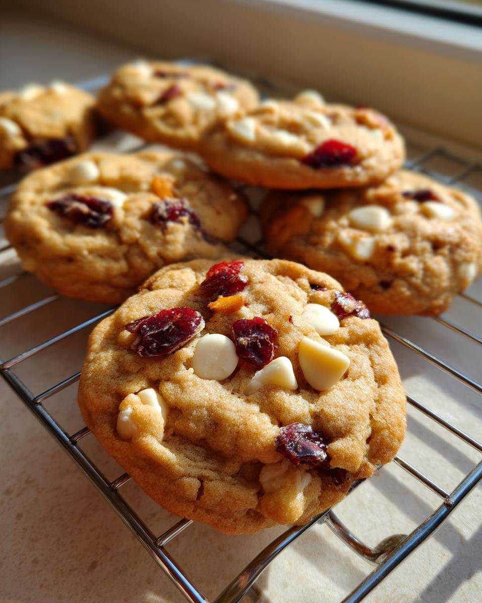 Close-up of freshly baked Cranberry Orange White Chocolate Cookies cooling on a wire rack.