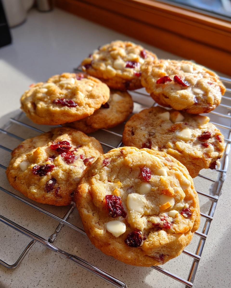 A batch of golden Cranberry Orange White Chocolate Cookies cooling on a wire rack in bright sunlight.