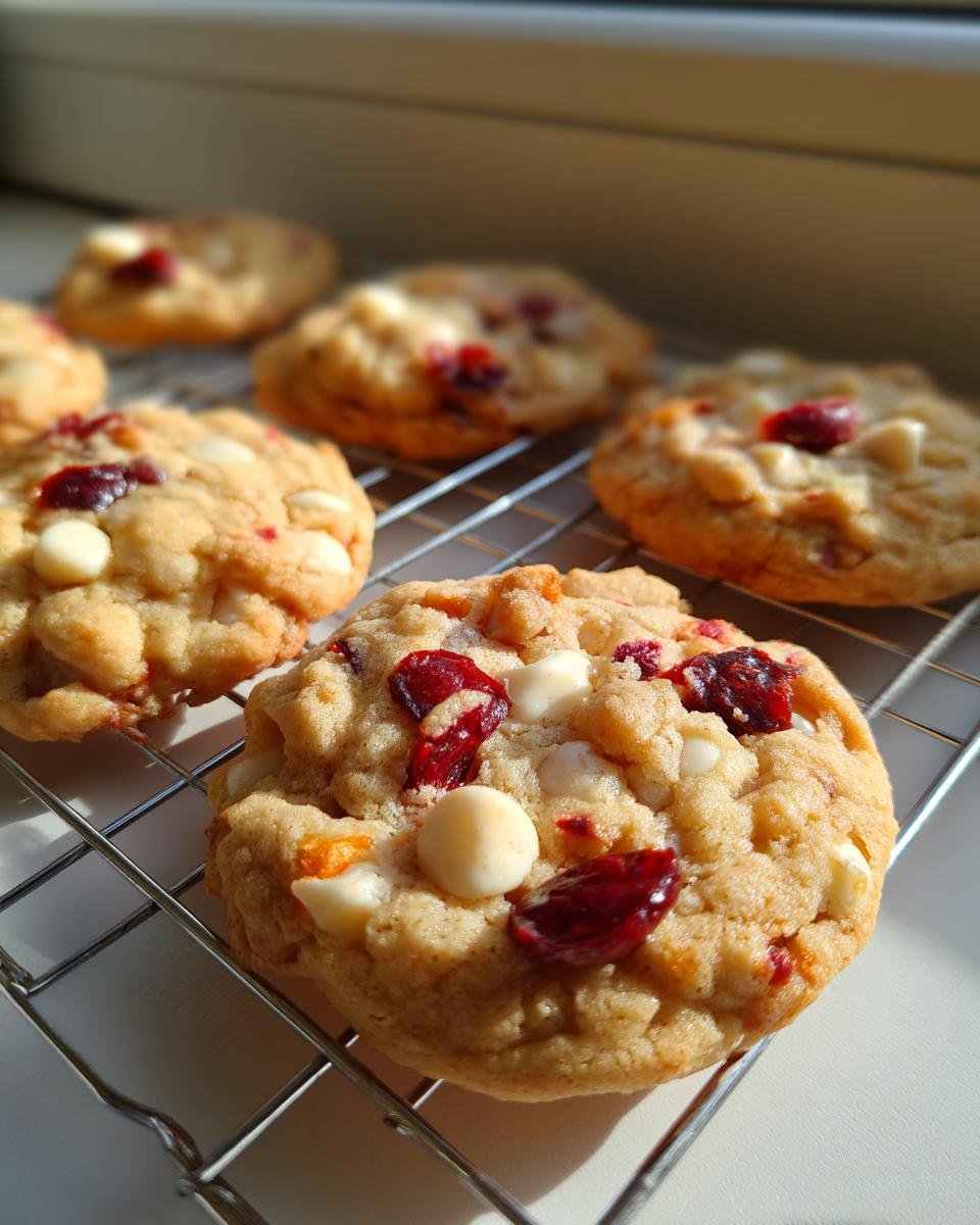 Close-up of a chewy Cranberry Orange White Chocolate Cookie cooling on a wire rack in bright sunlight.