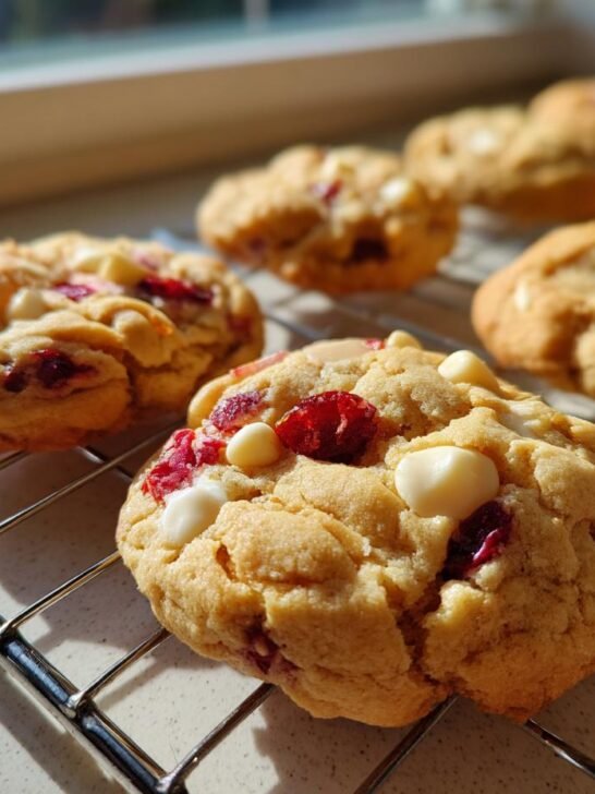 Close-up of freshly baked Cranberry Orange White Chocolate Cookies cooling on a wire rack near a bright window.