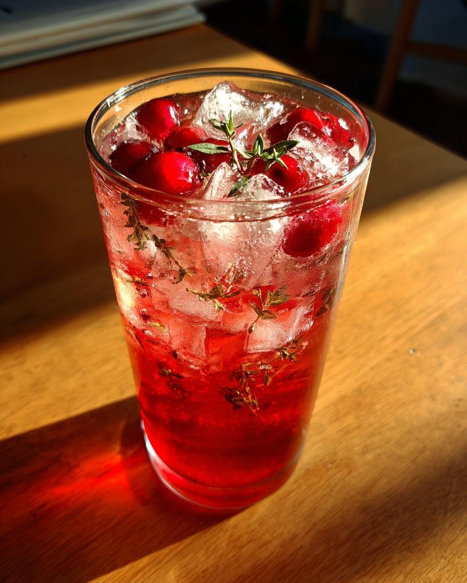 Close-up of a vibrant Cranberry Thyme Spritz Mocktail filled with ice, fresh cranberries, and thyme sprigs.