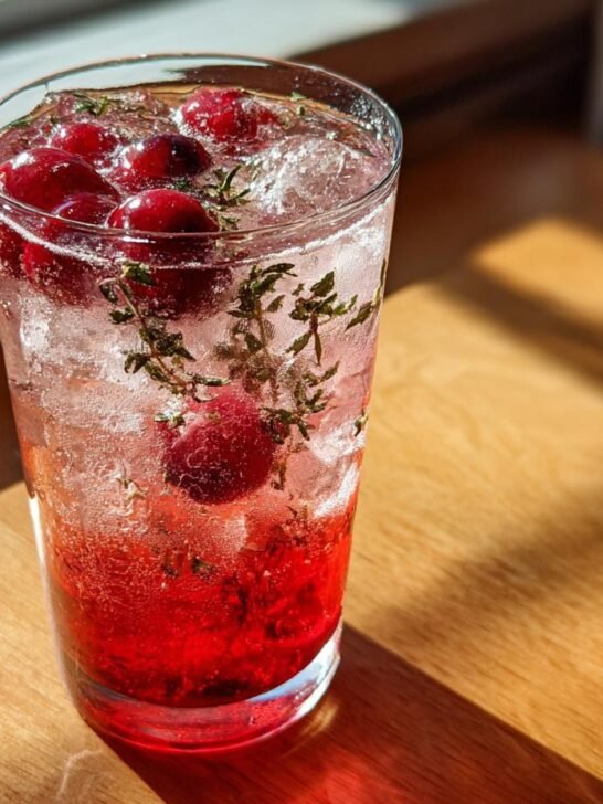 A tall glass filled with a vibrant Cranberry Thyme Spritz Mocktail, ice, fresh cranberries, and thyme sprigs.