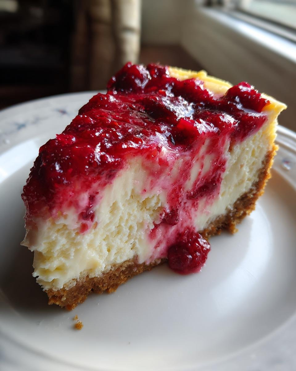 A close-up of a rich slice of Cranberry White Chocolate Cheesecake with a graham cracker crust and bright red topping.