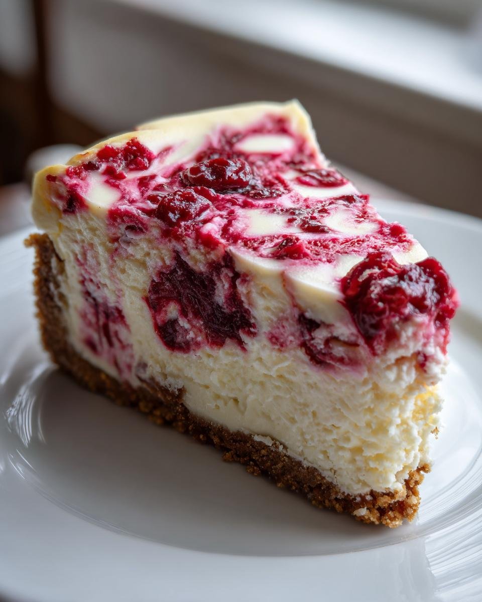 A perfect slice of Cranberry White Chocolate Cheesecake featuring a graham cracker crust and swirled red cranberry topping.
