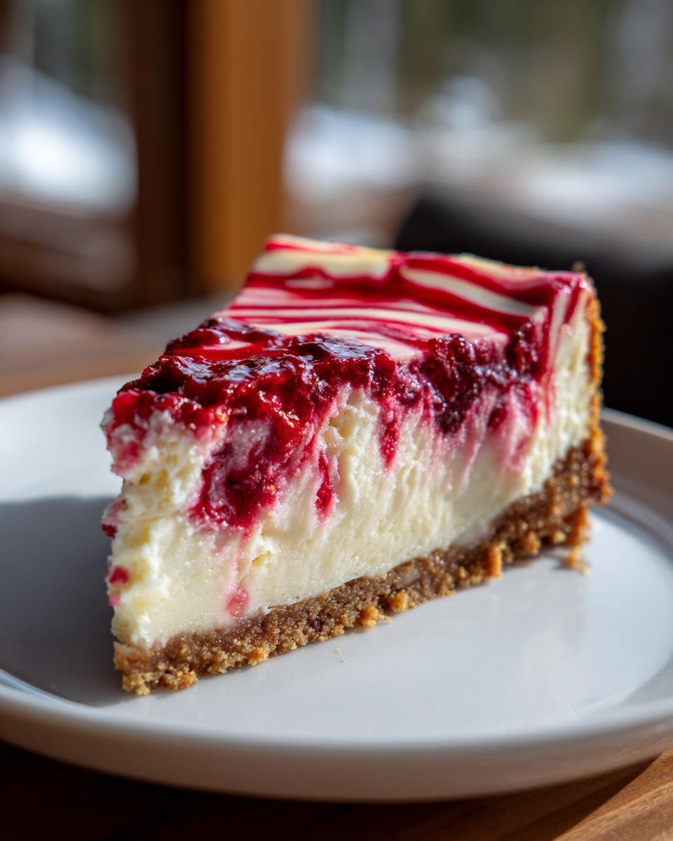 A close-up shot of a decadent slice of Cranberry White Chocolate Cheesecake on a white plate.