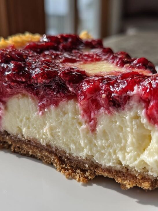 Close-up of a rich slice of Cranberry White Chocolate Cheesecake with a thick graham cracker crust.