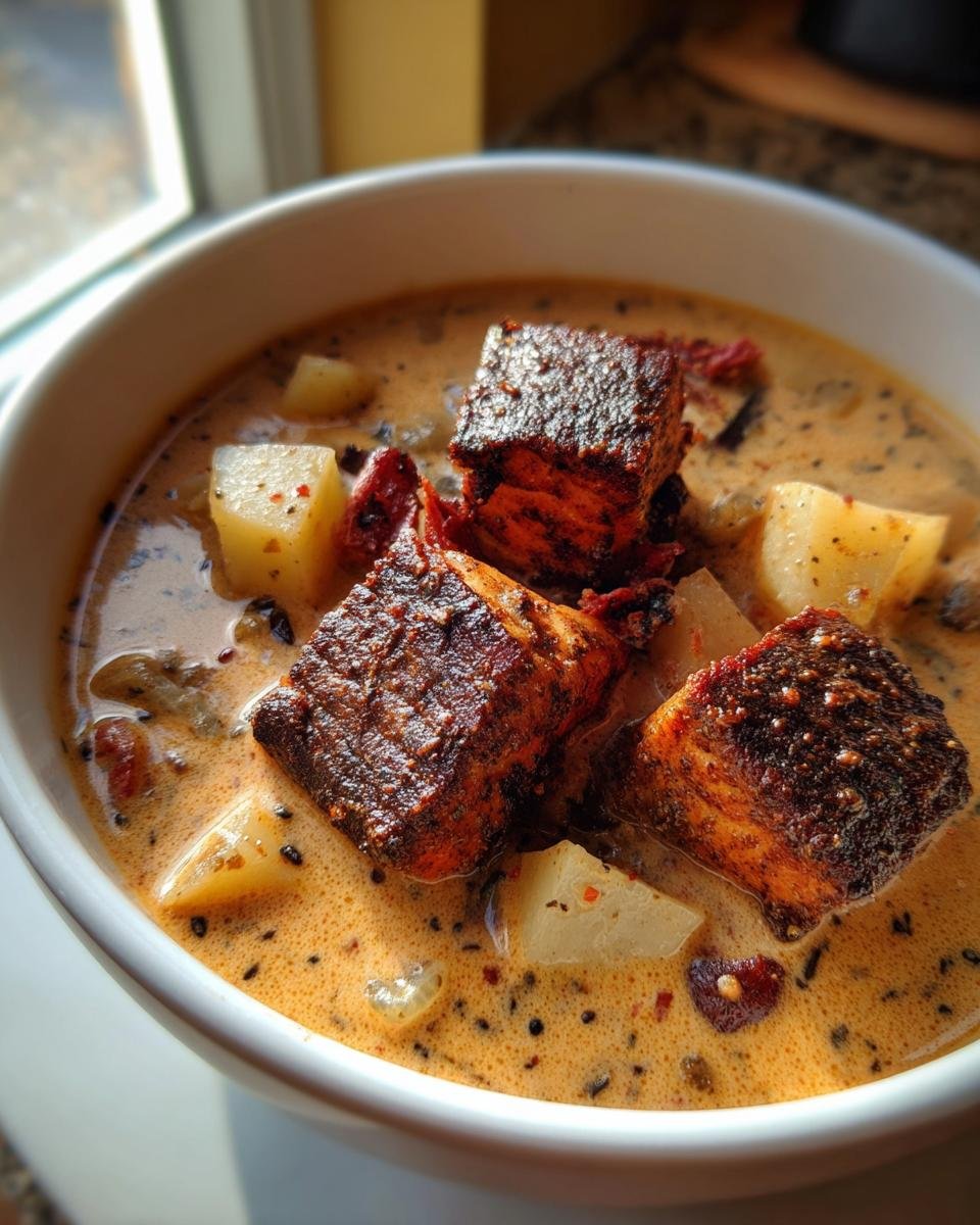 A white bowl filled with creamy blackened salmon chowder featuring chunks of blackened salmon and potatoes.