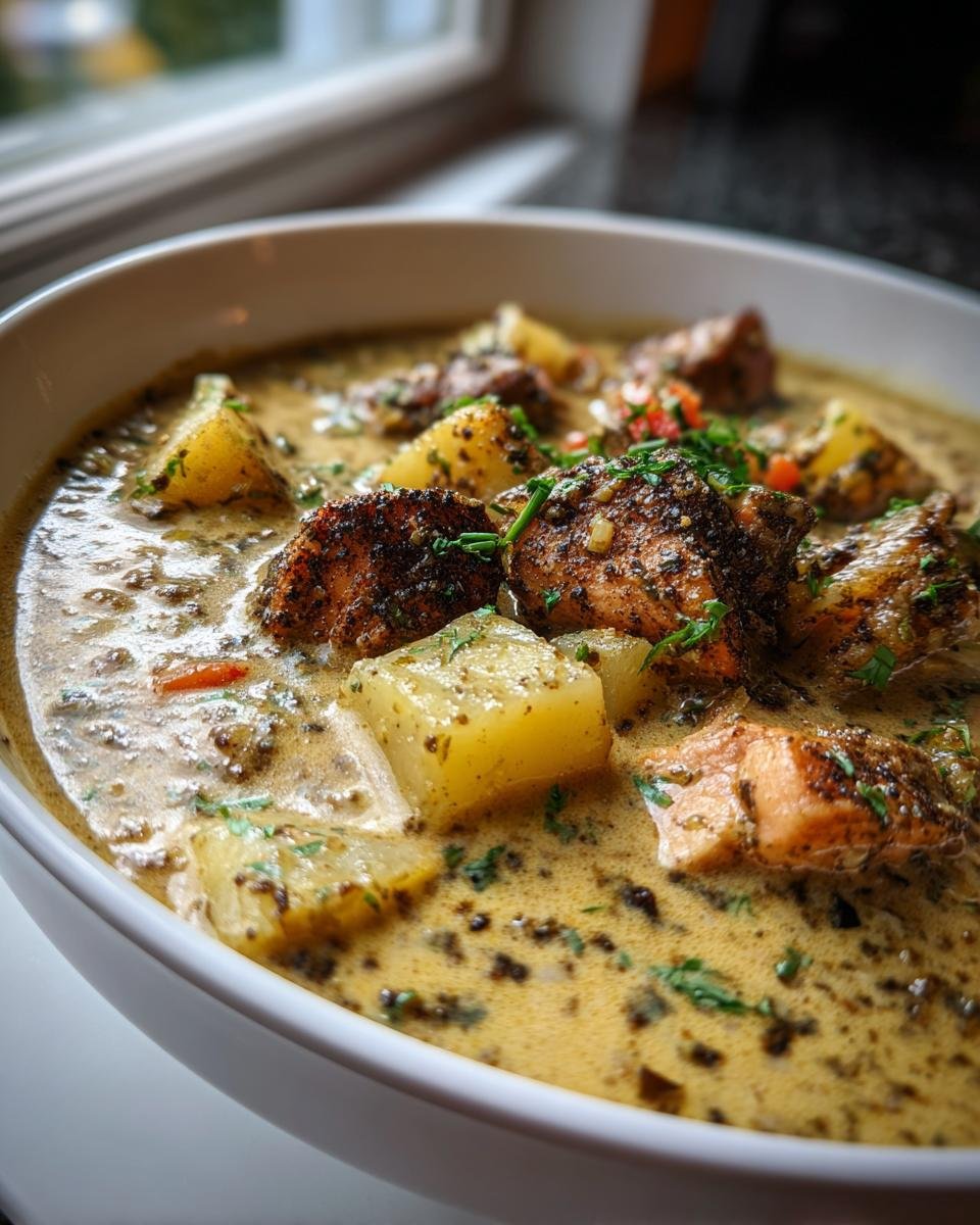 Close-up of a white bowl filled with Creamy Blackened Salmon Chowder, featuring chunks of blackened salmon and potatoes in a rich broth.