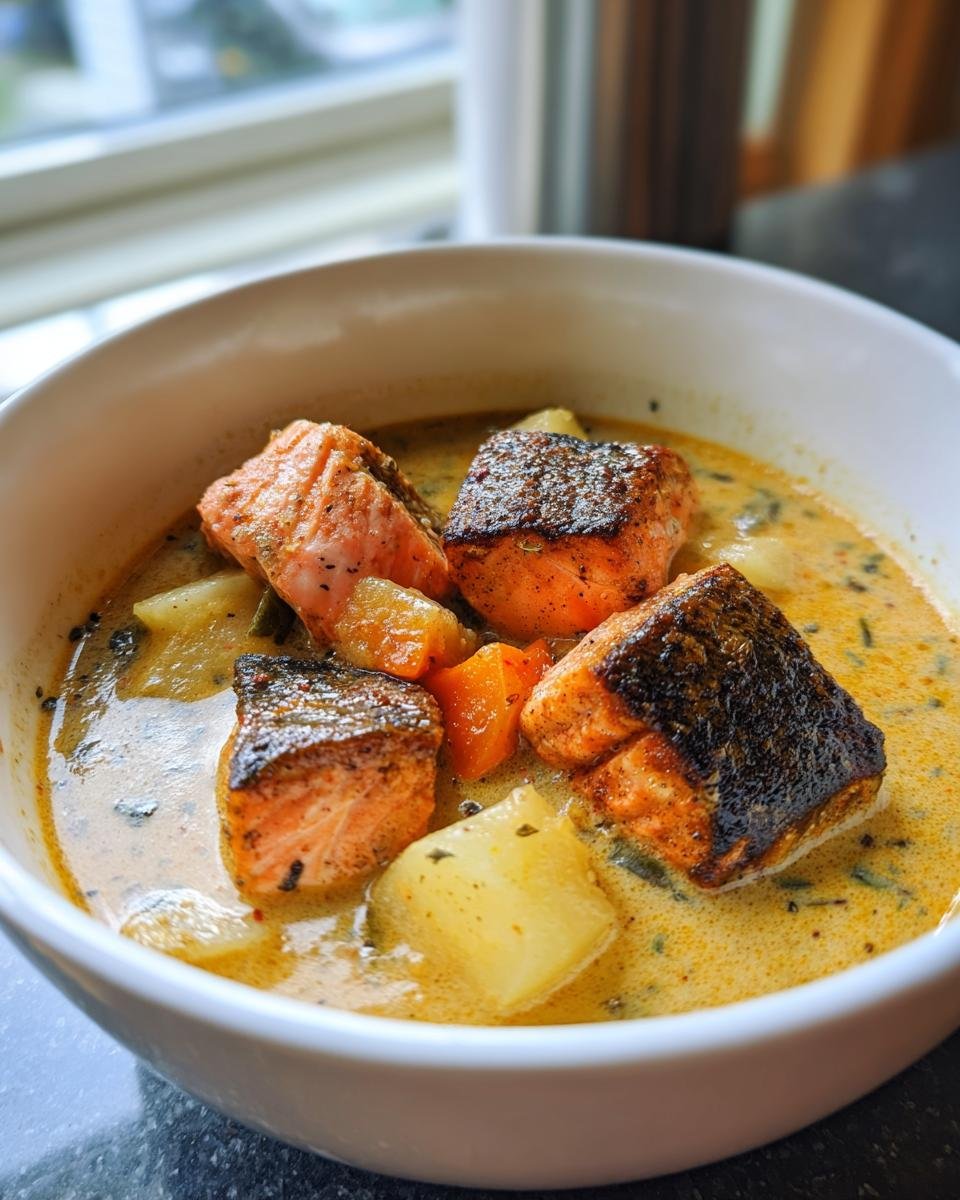 Close-up of a white bowl filled with Creamy Blackened Salmon Chowder featuring chunks of blackened salmon and potatoes.