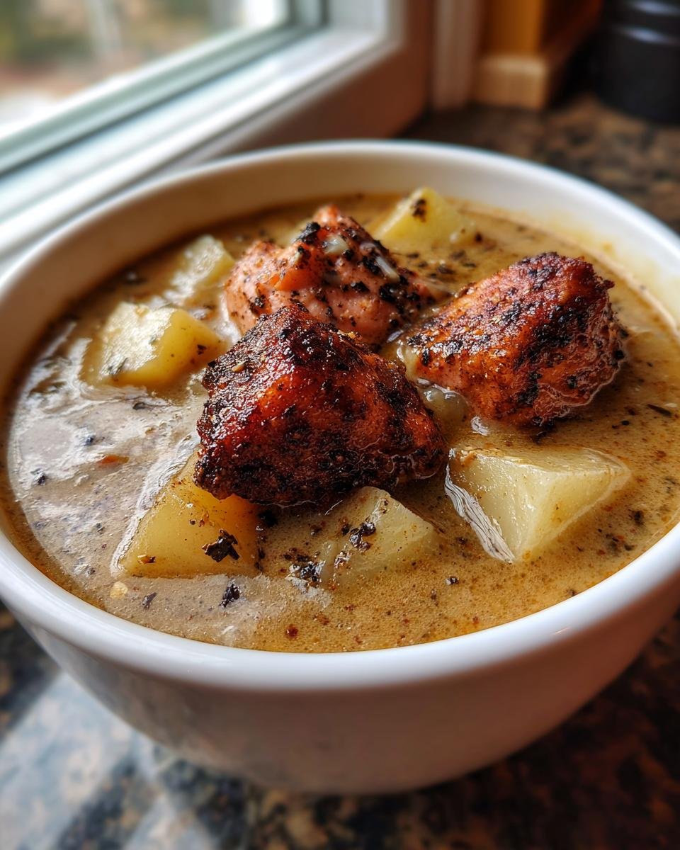 A close-up of a white bowl filled with Creamy Blackened Salmon Chowder, featuring chunks of blackened salmon and potatoes in a rich broth.