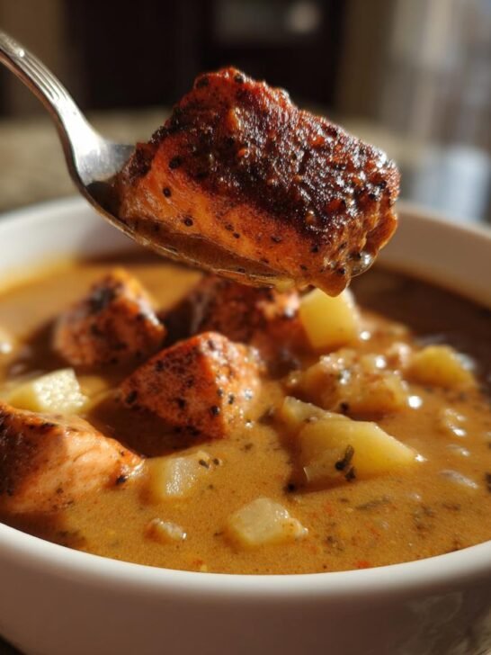 A spoonful of blackened salmon is lifted from a bowl of creamy blackening salmon chowder with potatoes.